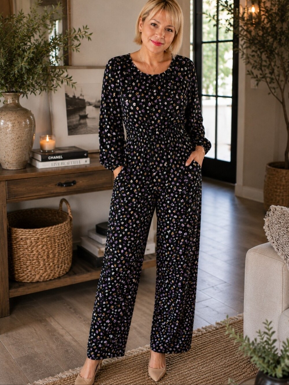 Old Navy Floral Jumpsuit - Black, White, Yellow, Purple